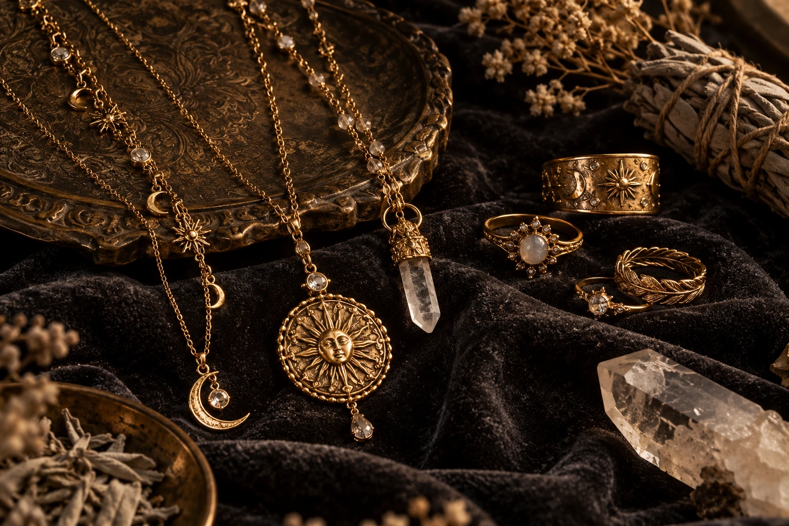 Antique gold jewelry and quartz on dark velvet