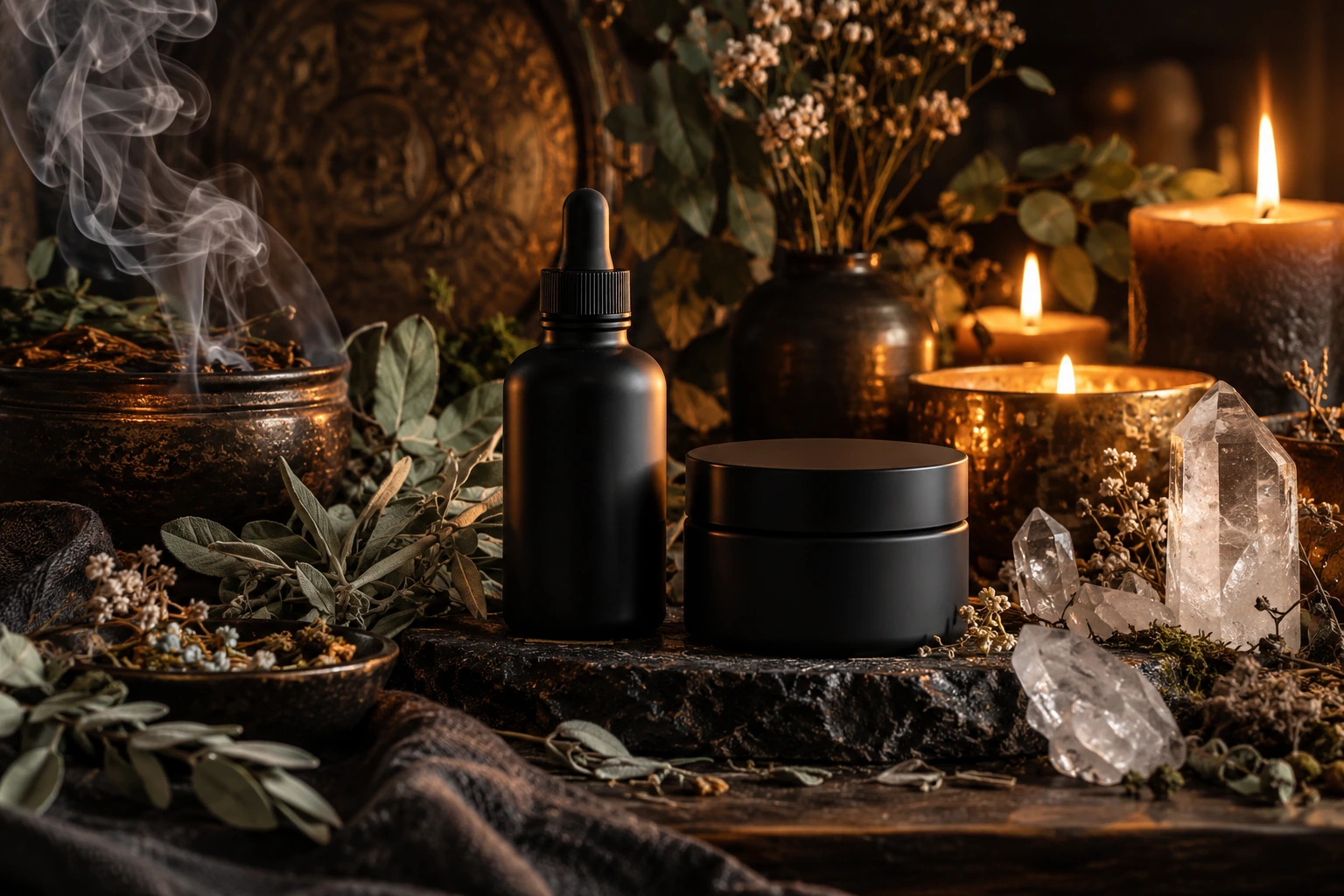 Dark apothecary bottles with candles, sage and crystals
